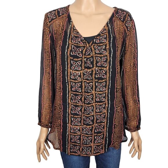 Lucky Brand Women's Sheer Aztec/Art Deco/Boho Flowy Blouse in a Size L - Picture 1 of 9